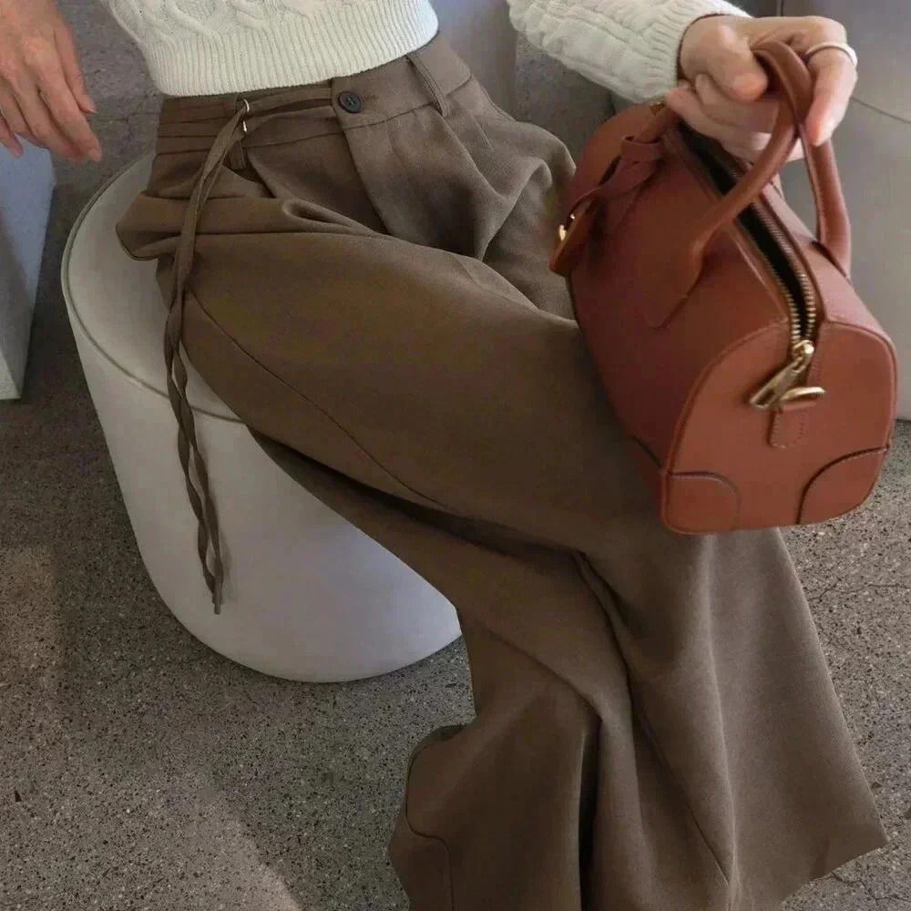 Brown Elegant Women's Loose Wide Leg Tie Pants - Picture 8 of 9
